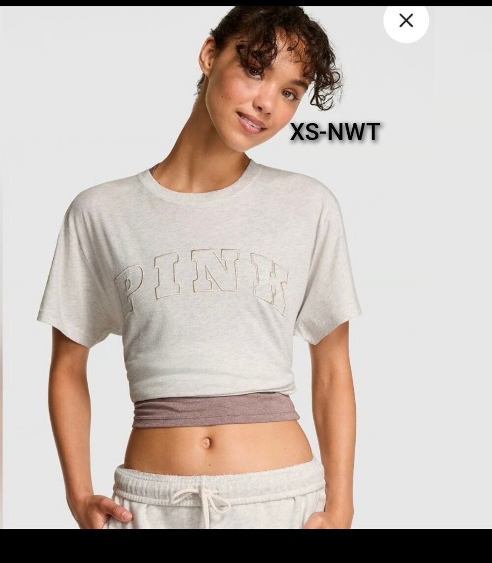 XS NWT VS PINK SNOW HEATHER SPARKLE CAMPUS TEE
